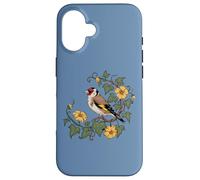 Pájaro jilguero europeo con hiedra y flores amarillas Carcasa para iPhone 16