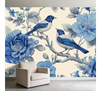Pájaros pintados a mano y flores azules 3D papel pintado panorámico 200 x 140 cm papel pintado de pared sin tejidos, póster para sala de estar, dormitorio de niños, decoración, pared fácil de montar