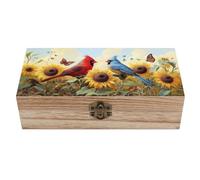 Pájaros rojos y azules sentados sobre girasoles con mariposas. Caja de almacenamiento de madera con tapa abatible y cierre frontal. Caja grande para guardar recuerdos. Joyero. Contenedor de madera.