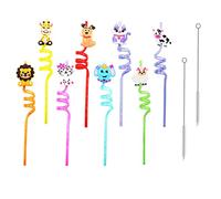 Pajitas con imagen de animales de 8 piezas, pajitas en espiral para fiestas, pajitas rizadas anudadas, pajitas reutilizables con 2 cepillos de limpieza para leche, jugo, cócteles, barras.