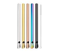 Pajitas De Acero Inoxidable 6Pcs Stainless Steel Straw Reusable Pearl Milkshake Bubble Tea Straws With Brush Stirring Smoothie Spoon(Mix)