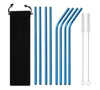 Pajitas De Acero Inoxidable Juego de 8 pajitas de acero inoxidable, rectas y curvas, for beber zumo, leche, té, bar, fiesta, cocina(Blue 8Pcs)