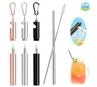 Pajitas de Acero Inoxidable Plegable 3Pcs Pajitas Telescópicas Reutilizables 10-22.5cm Pajitas de Metal Portátiles con Estuche Mosquetón, Cepillo Limpiador Cañitas Metalicas para Viaje Trabaja Casa
