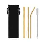 Pajitas De Acero Inoxidable Stainless Steel Straw Combination 1 Straight Tube 1 Curved Tube 1 Large Straw 1 Cleaning Brush(Gold)