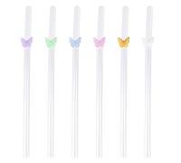 Pajitas de Cristal Reutilizables sin BPA, Juego de 6, Pajitas Transparentes Decoradas con Mariposas de Colores, Pajitas de Forma Curva, Adecuado para Zumos y Bebidas, 200 mm (Colorido)
