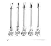 Pajitas De Cuchara De Acero Inoxidable, 5 Piezas Cucharas De Cóctel Pajitas, Pajitas Reutilizables, con 1 Pieza Cepillos De Limpieza, para Té, Café, Té De Limón, Yerba Mate, Batidos(Plata)