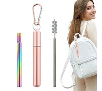 Pajitas de metal reutilizables - Pajitas de acero inoxidable con punta de silicona | Strâws plegables con cepillo de limpieza y estuche para llavero, amenaza para beber para viajar a casa | paja de