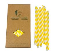 Pajitas de Papel Amarillo y Blanco, 100 Unidades Desechables Pajitas a Rayas Amarillas para Palitos de Pastel, Aniversario, Suministros para Fiestas de Cumpleaños