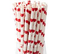 Pajitas de papel con corazones rojos en blanco, 100 unidades, biodegradables para cóctel, boda, día de San Valentín (21 cm de largo, 6 mm de diámetro)