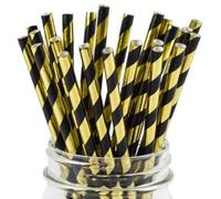 Pajitas de papel rayadas negras y doradas para fiestas, pajitas de papel negras biodegradables 100 para decoraciones de fiesta de oro