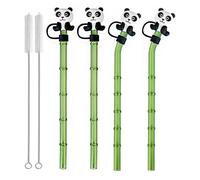 Pajitas de vidrio de bambú con puntas de panda y cepillo de limpieza, juego de pajitas reutilizables resistentes al calor (2)