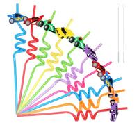 Pajitas para niños, 10 unidades, reutilizables, coche de carreras con cepillo de paja, pajitas de cumpleaños infantiles, pajitas de plástico coloridas como accesorios de fiesta para cumpleaños