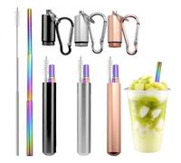 Pajitas reutilizables de acero inoxidable，Cañitas Pajitas de Metal Portátiles + set de 3 pajitas telescópicas + con cepillo limpiador y estuche metálico + 10-22.5cm + plateado