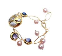 PAJPXPCD 10-11mm Cultured White Keshi Pearl 16mm Purple Murano Glass Beaded Pearl Bracelet