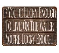 PAJPXPCD By the Water Lucky Soul Metal Tin Sign Lake Cottage Wall Decor for Porch Entryway Relaxing View Quote Vintage Rustic Plaque 8 X 12 inch
