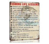 PAJPXPCD Distressed Metal Sign Fishing Inspirational Quote Wall Decor 10 Essential Life Lessons Vintage Look Tin Bedroom Bathroom Laundry 8 X 12 inch
