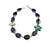 PAJPXPCD Facetado azul lapislázuli trozo flor turquesa Biwa perla con collar de gargantilla de borde galvanizado