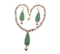 PAJPXPCD Juego de bisel de perlas de agua dulce de patata morada cultivada, collar con colgante verde, pendientes