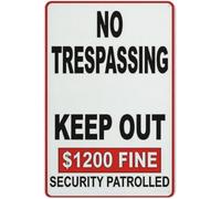 PAJPXPCD Vintage No Trespassing Keep Out Metal Tin Sign 1200 Fine Security Patrolled Red White Warning Wall Decor Private Property Farm Construction 8 X 12 in