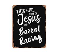 PAJPXPCD Vintage Tin Sign This Girl Runs on Jesus and Barrel Racing Cowgirl Quote Western Decor for Farmhouse Bar 8 X 12 in