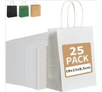PAKNOR® 25 bolsas de papel blanco con asa, 18 x 21 x 8 cm, bolsas de papel con asa de cordón, bolsas de regalo, bolsas de papel de estraza para manualidades, calendario de Adviento (blanco, 25