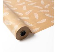 PAKOT - Papel Kraft con Plumas Blancas - Bobina Papel Kraft Marrón 70cm x 50m - Envoltura Profesional para Tiendas Regalos y Manualidades