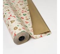 PAKOT Papel Regalo Estampado Renos con Reverso Dorado para Embalaje y Packaging Profesional Bobina 50 Metros 70 cm Ancho Papel Estucado Brillo 65-70 g