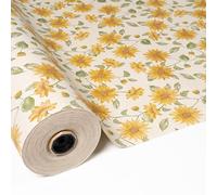 PAKOT Papel Regalo Kraft Reciclado Girasoles para Embalaje y Packaging Profesional Bobina 50 Metros 70 cm Ancho Papel Kraft Base Hierba 80 g Fondo Blanco