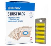 PakTrade 5 Bolsas de Aspiradora + 5 Fragancias Compatible con Nilfisk GM80C, GM90C, GM90POP, GP 80, GP80, GP 81, GP81, GP 82, GP82 | 5 Bolsas, Filtros, Ambientadores, Accesorios, Repuestos