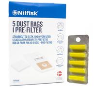 PakTrade 5 Bolsas De Aspiradora + Microfiltro + 5 Aromas Compatible con Nilfisk 78602600, Compact, Compact C230 Allergy - 12400201 | 5 Bolsas, Filtro, Ambientador, Accesorios, Repuestos