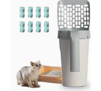 Pala para arena de gato 2 en 1 con contenedor, tamiz extraíble sin polvo y 8 bolsas para desechos en rollo para arena aglomerante.