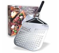 Pala para pizza perforada de aluminio Maxi 32 x 32 con mango plegable - Perforación profesional para horneado perfecto - Hasta 4 kg - Ideal para horno de casa, pizzería, panadería