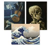 Palace Learning - Carteles (3 unidades), diseño de Vincent Van Gogh Esqueleto + El viejo guitarrista de Pablo Picasso + la gran ola Off Kanagawa por Katsushika Hokusai 18" x 24" Plastificado.