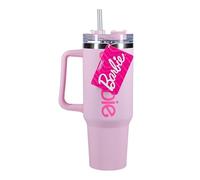 Paladone Barbie - Botella H2O con licencia oficial con logotipo rosa, vaso aislado al vacío de acero inoxidable con tapa y popote para agua, té helado o café