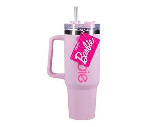 Paladone Barbie - Botella H2O con licencia oficial con logotipo rosa, vaso aislado al vacío de acero inoxidable con tapa y popote para agua, té helado o café
