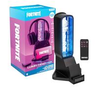 Paladone - Soporte para Auriculares 3 en 1 y estación de Carga tecnológica de Fortnite con Base para Mando de Consola y 2 Puertos USB-C, Panel de luz RGB Que Cambia de Color, Licencia Oficial