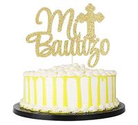 PALASASA Decoración para tarta de Mi Bautizo con purpurina dorada - Dios religioso bendiga me bendiga cruz - Decoración para fiesta de bautizo Feliz Cumpleanos