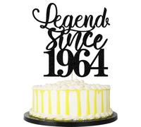 PALASASA Decoración para tartas de 60 cumpleaños con purpurina negra leyenda desde 1964, decoración para tartas de 60 cumpleaños para hombres y mujeres, animar a 60 años de edad, hecha a mano (1964)