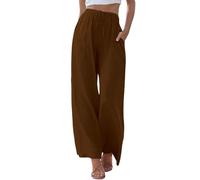 Palazzo - Pantalones largos de lino para mujer, de cintura alta, elegantes, para negocios, de algodón, lino, de tela, de pierna ancha, ligeros, aireados, de verano, de playa, para mujer, café, 5XL