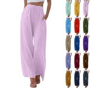 Palazzo - Pantalones largos de lino para mujer, de cintura alta, elegantes, para negocios, de algodón, lino, de tela, de pierna ancha, ligeros, aireados, de verano, de playa, para mujer, Rosa., M