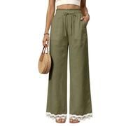 Palazzo Pants for Women Loose Straight Leg Drawstring Waist Pockets (Army Green,S)