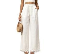 Palazzo Pants for Women Loose Straight Leg Drawstring Waist Pockets (White,L)