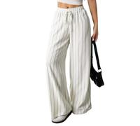 Palazzo Pants For Women Striped Drawstring Wide Leg Casual Lounge Trousers (White,XL)