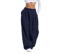 Palazzohose Damen Comfort Lässige Hose Einfarbige High Waist Freizeithose mit Taschen Loose Fit Streetwear Jogginghose weite Bein Baggy Outdoorhosen Breite Stretch Bund Stoffhose, azul marino, M