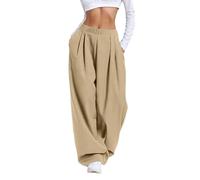 Palazzohose Damen Comfort Lässige Hose Einfarbige High Waist Freizeithose mit Taschen Loose Fit Streetwear Jogginghose weite Bein Baggy Outdoorhosen Breite Stretch Bund Stoffhose, amarillo, M