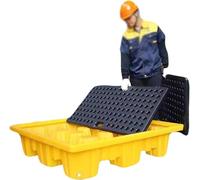 Palé de contención de derrames con drenaje, bandeja de plataforma apilable de perfil bajo para tambor de 1/2, control de desbordamiento de derrames con rejilla y gestión de capacidad de carga