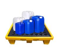 Palé de contención de derrames resistente con drenaje y acceso a montacargas, almacenamiento impermeable para garaje y sótano, solución de seguridad ideal para gestión de materiales peligrosos