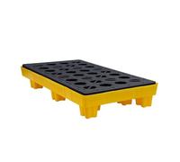 Paleta de contención de derrames de tambor industrial, plataforma impermeable con bolsillos de drenaje y acceso a carretilla elevadora para una gestión eficaz de derrames y seguridad ambiental