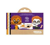 Paleta de maquillaje de Halloween para niños con certificación orgánica Cosmos - Calabaza y esqueleto, 3 colores orgánicos, Pincel y Tutoriales