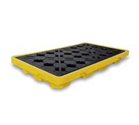 Paleta industrial de contención de derrames de aceite con acceso de drenaje y compatibilidad con carretillas elevadoras, bandeja de rejilla apilable para prevención de fugas y soluciones de gestión de